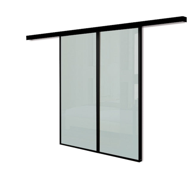 RELIABILT 48-in x 96-in Black Frosted glass Aluminum Double Barn Door (Hardware Included)