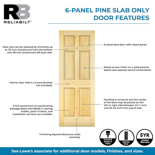 RELIABILT 24-in x 80-in Clear 6-panel Solid core Unfinished Pine Wood Slab Door